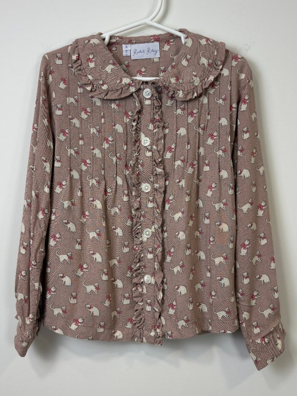 🌟 RACHEL RILEY 🌟 GIRL'S CAT PRINT BUTTON FRONT RUFFLE BLOUSE SHIRT MAUVE SZ 5